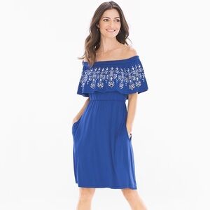 Soma - Soft Jersey - Embroidered Flounce Short Dress - Del Rio Geo Bright Blue